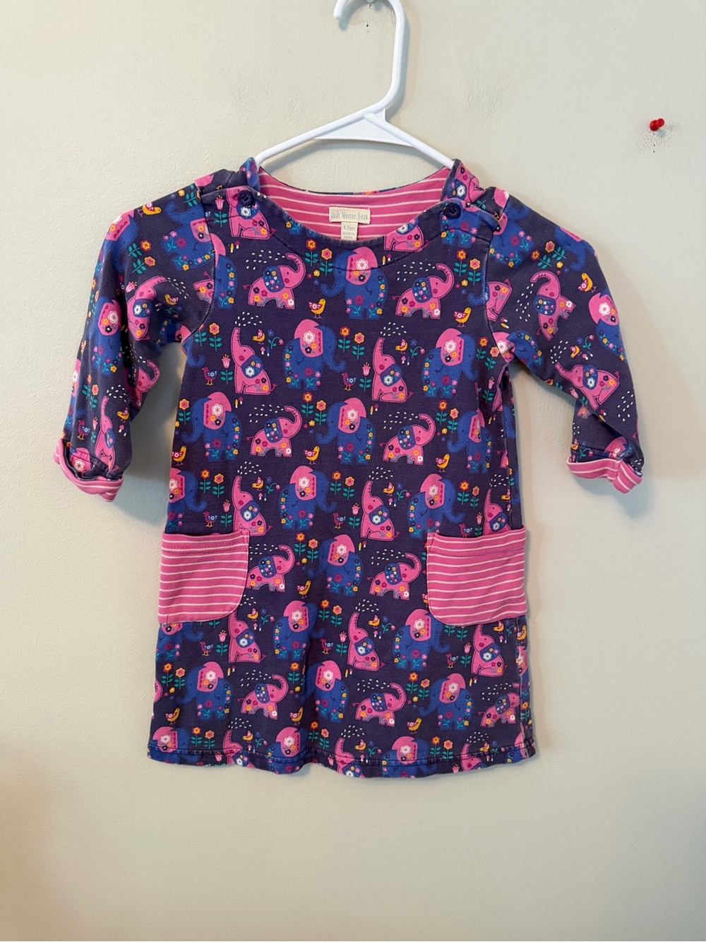 Jojo Maman Bebe Purple Elephant Print Dress with Pink Pockets